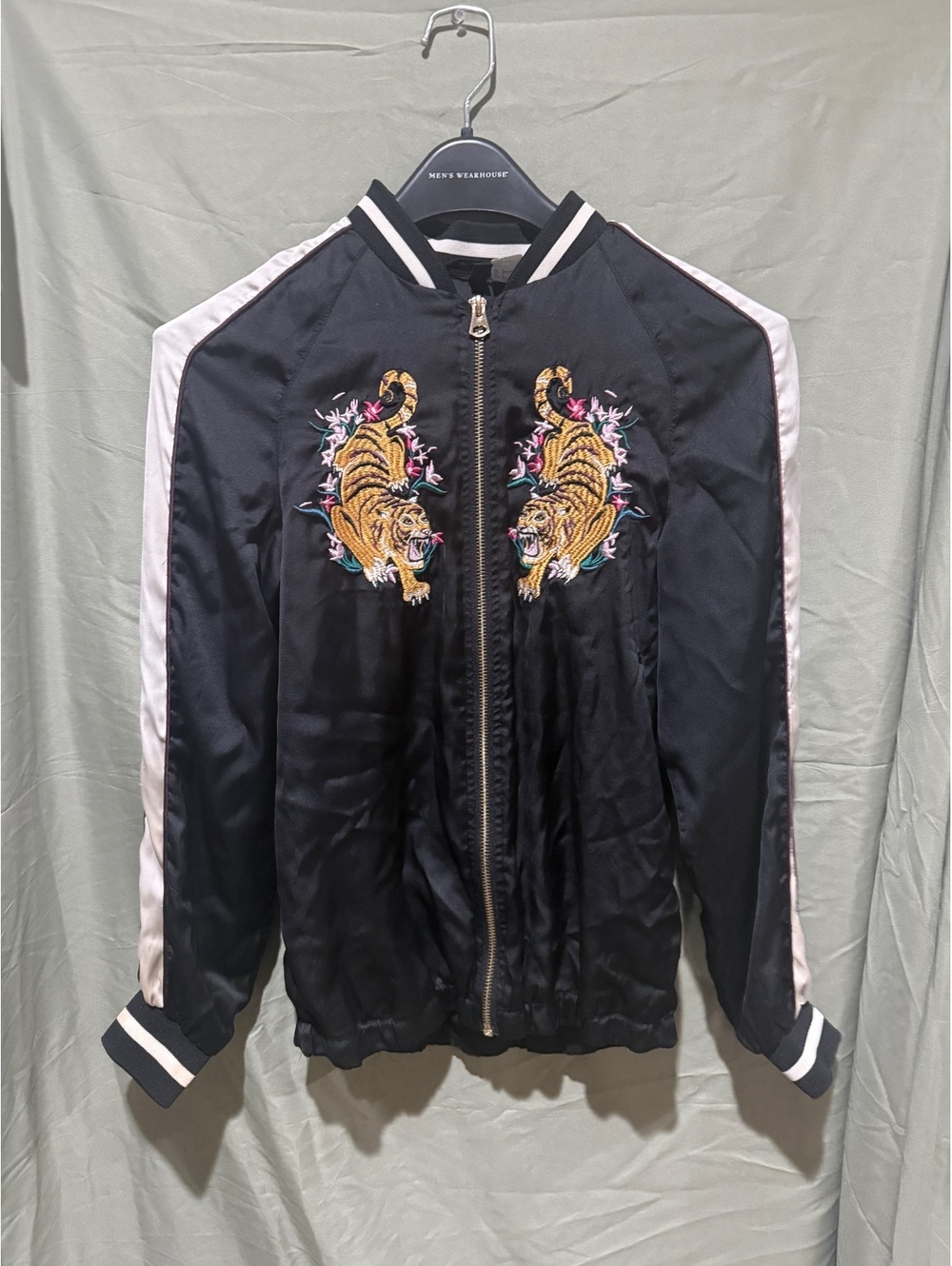 H and M black satin tiger embroidered bomber jacket
